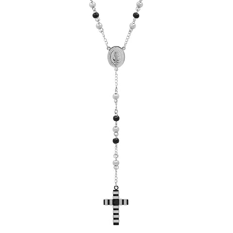 Two Tone Stainless Steel And Black Ip Rosary Necklace