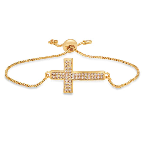 Ladies 18K Gold Plated Brass Simulated Diamonds Cross Drawstring Bracelet