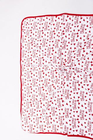 He First Loved Us Red Swaddle Cotton
