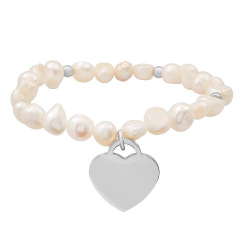 Ladies Freshwater Pearls And Stainless Steel Heart Shape Charm " Moms Are The…." Stretch Bracelet