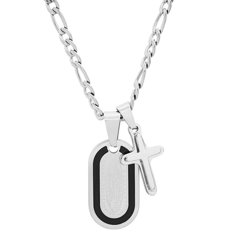 Stainless Steel Dog Tag Lady Of Guadalupe And Cross Pendant