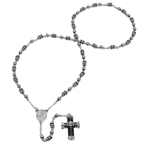 Stainless Steel And Black Rubber Rosary Necklace