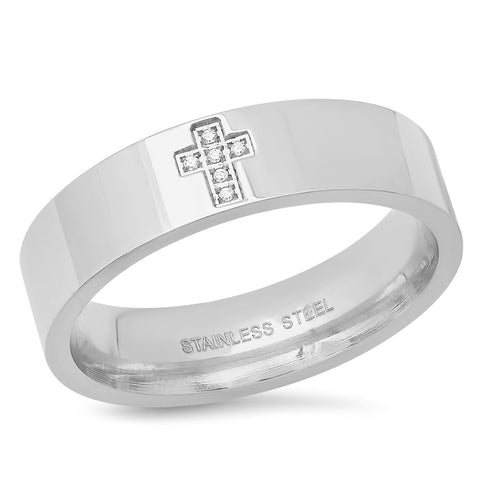 18K Gold Plated Stainless Steel And Simulated Diamonds Cross Band Ring