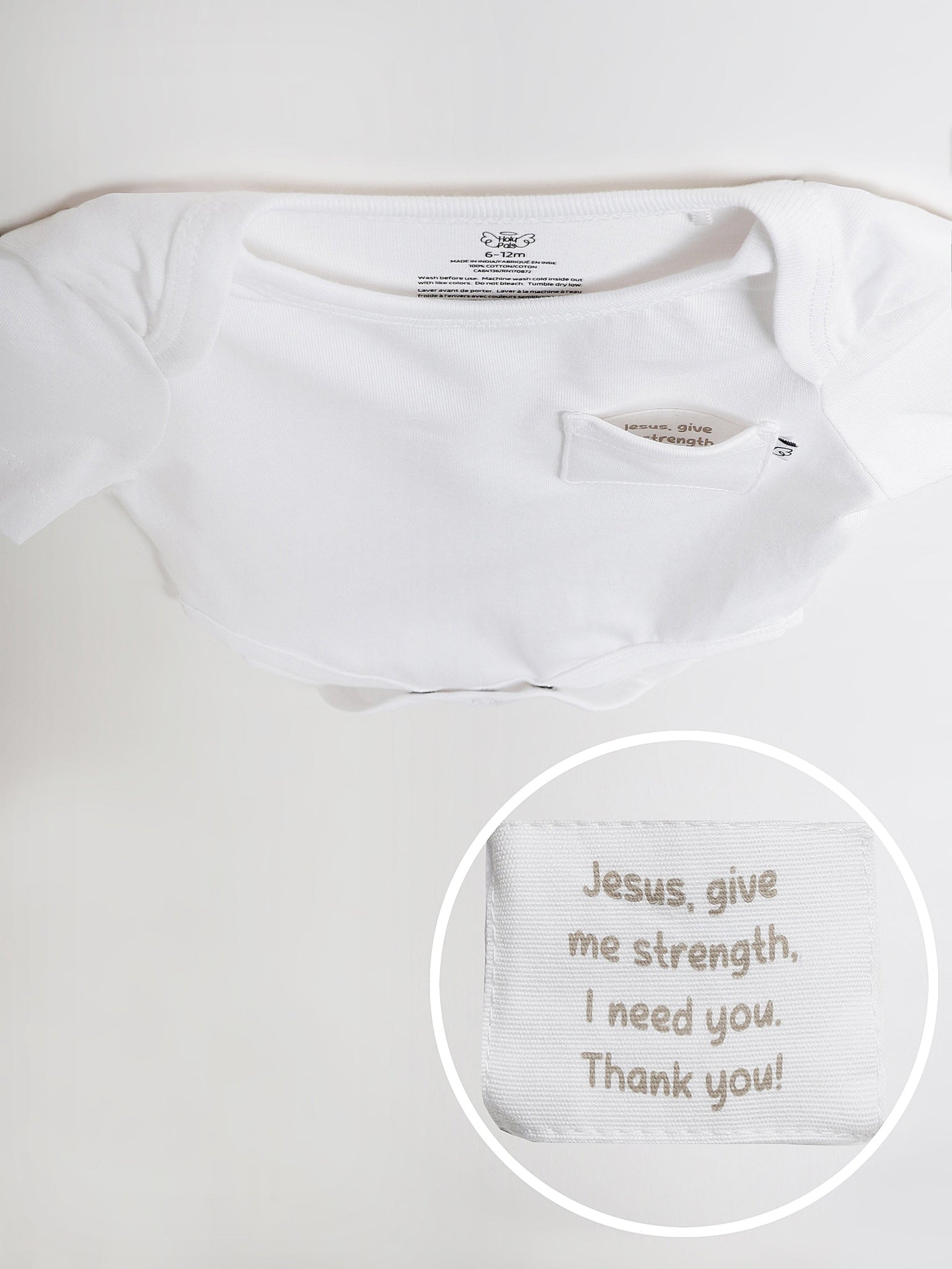 White Prayer Pocket Short Sleeve Bodysuit Cotton
