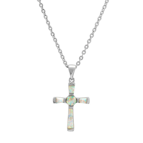 Women's Brass Genuine Opal Cross Necklace
