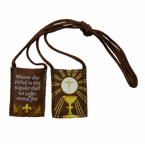 Premium Brown Scapular, Brown & Gold, Eucharist (Kids’ Size)