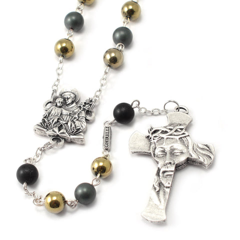 Saint Anthony Rosary in Antique Silver and Hematite Beads