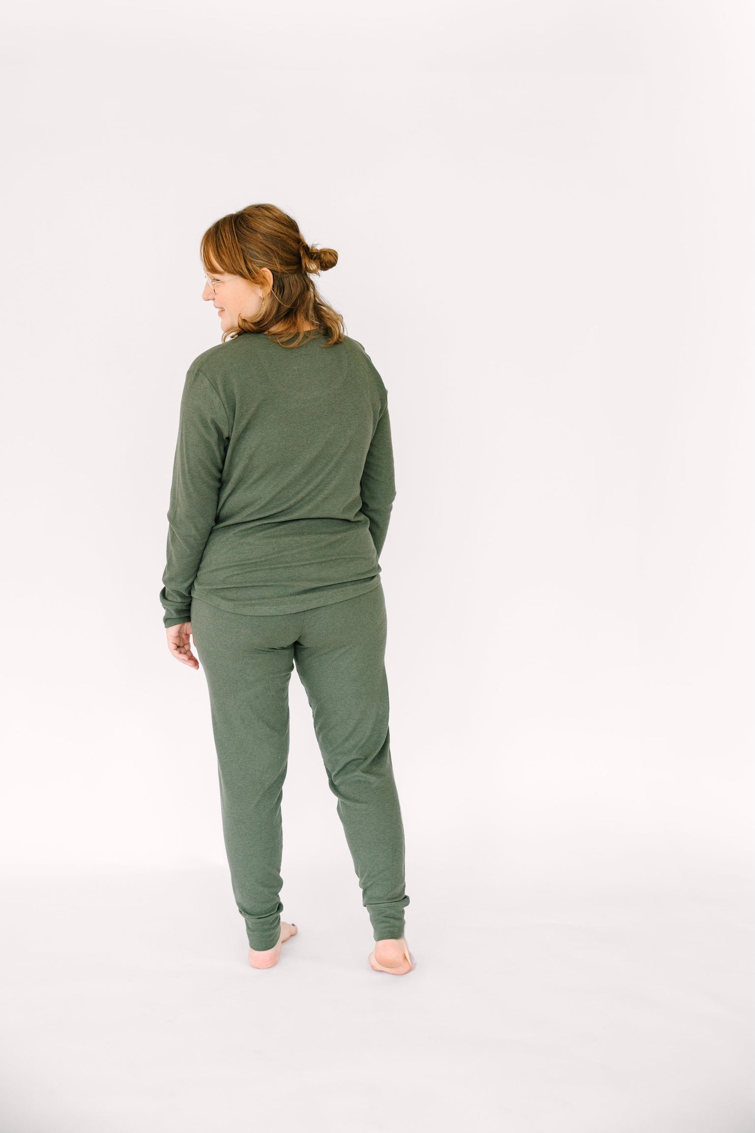 Solid Olive Womens PJ Jogger Set Ribbed Cotton-Bamboo Blend