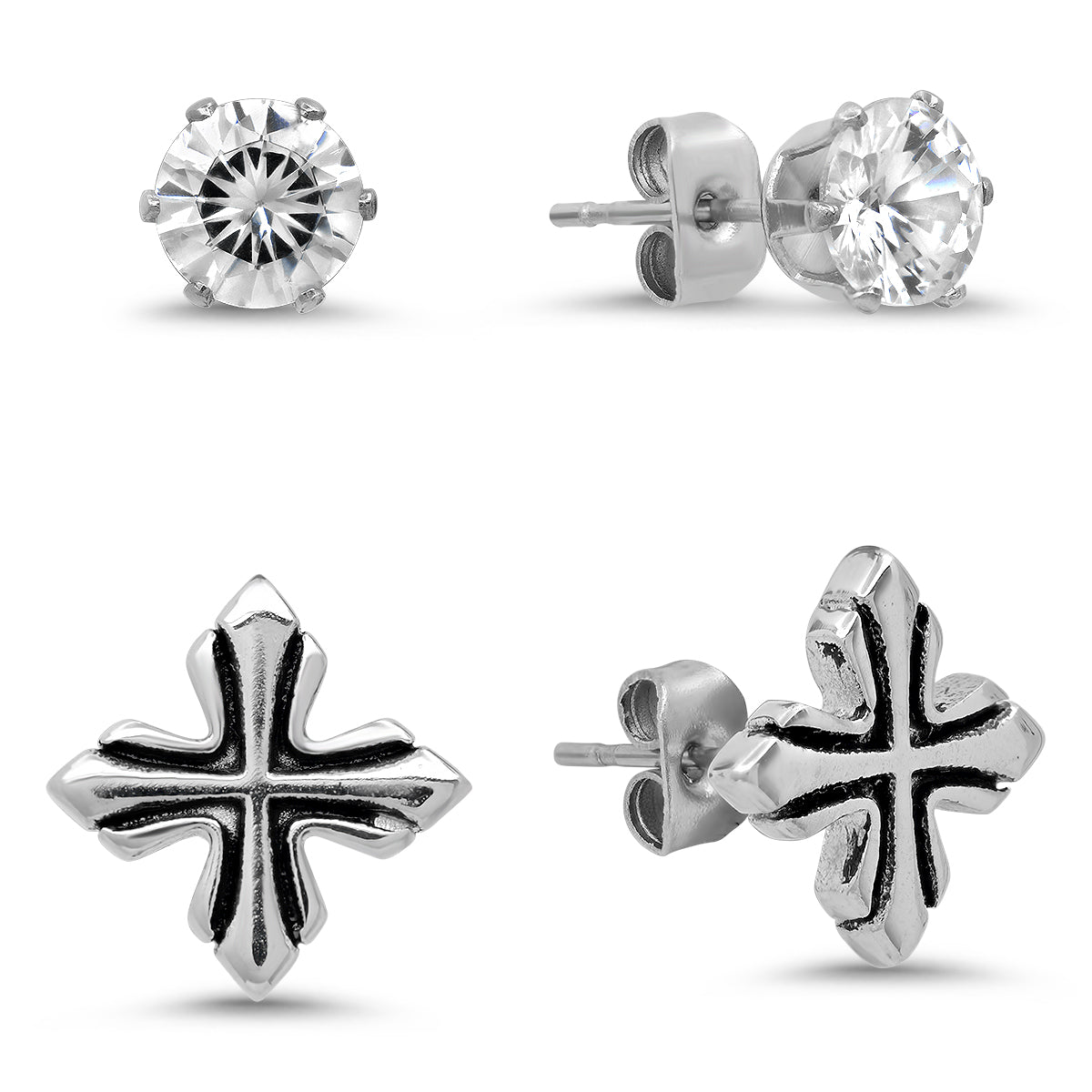 Stainless Steel Cross And Simulated Diamonds Stud Earrings Set