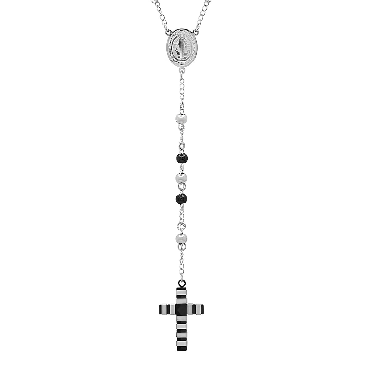 Two Tone Stainless Steel And Black Ip Rosary Necklace
