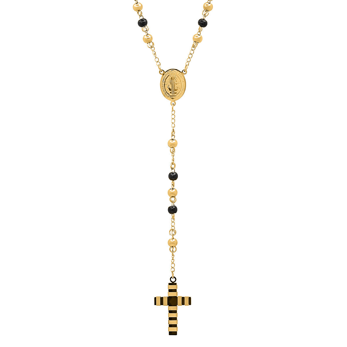 Two Tone Stainless Steel And Black Ip Rosary Necklace