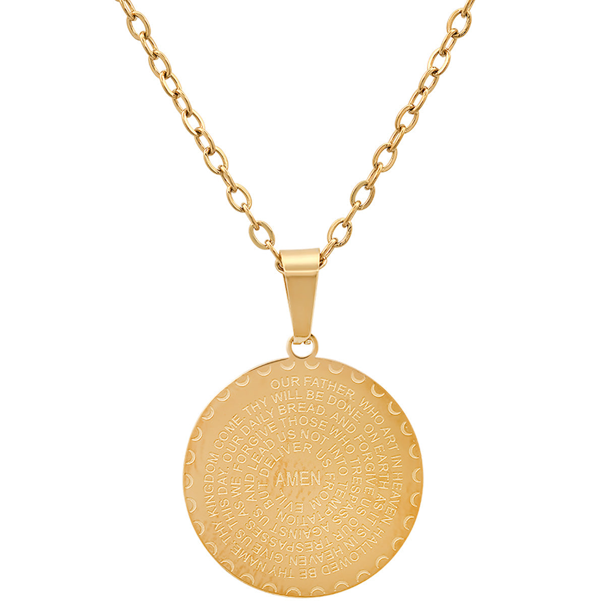 Ladies 18K Gold Plated Stainless Steel Lords Prayer Round Pendant