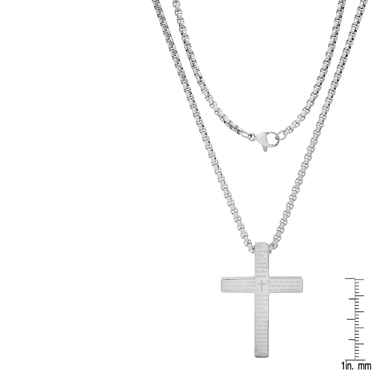 Stainless Steel Lord'S Prayer Square Cross Pendant