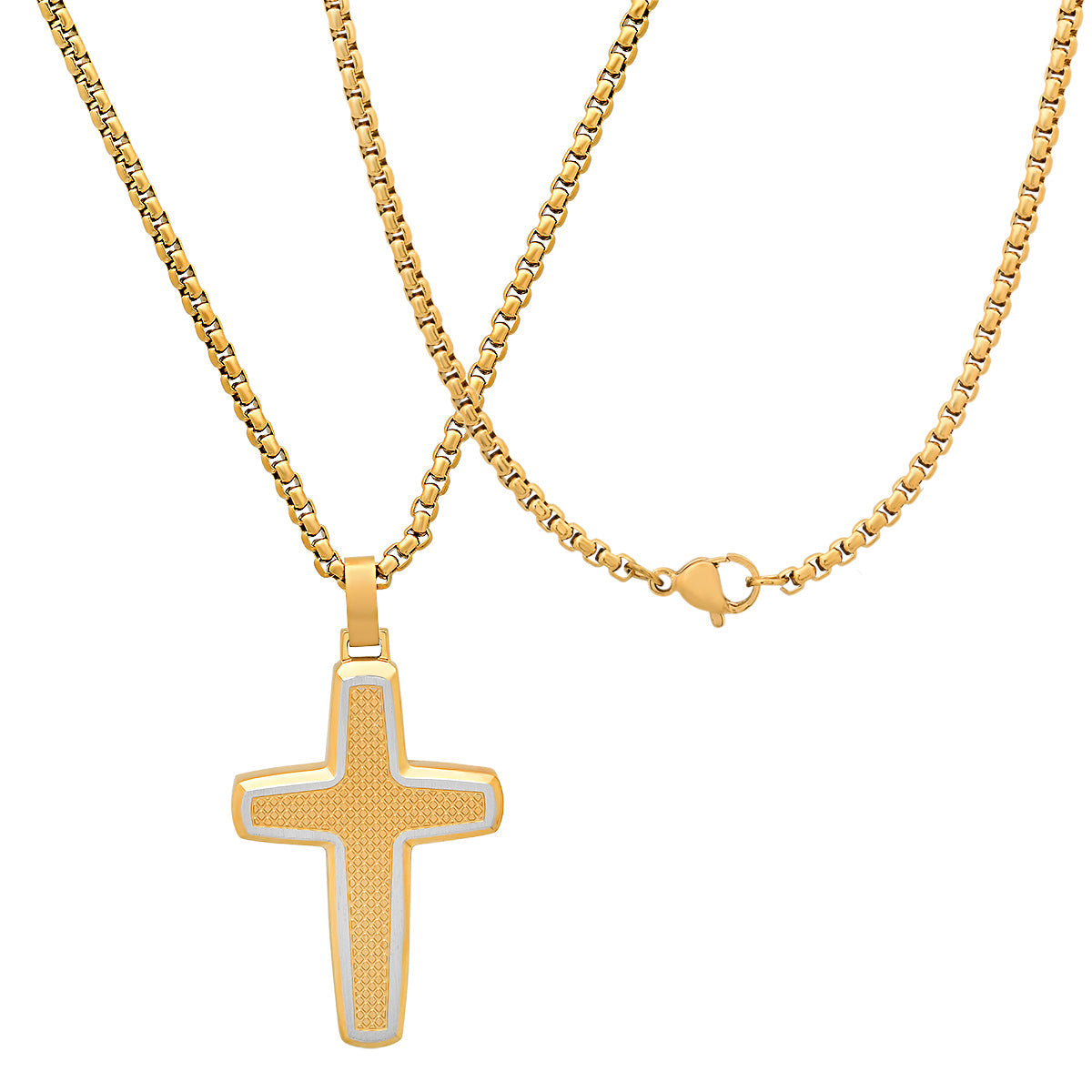 Two Tone Stainless Steel & 18K Gold Plated Textured Cross Pendant