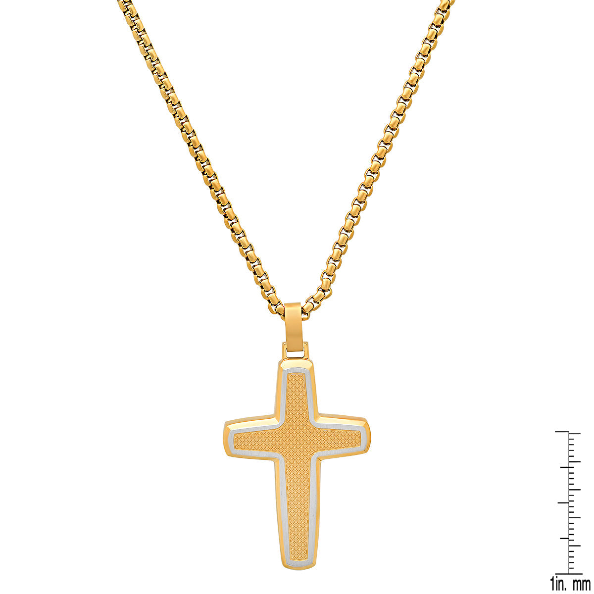 Two Tone Stainless Steel & 18K Gold Plated Textured Cross Pendant