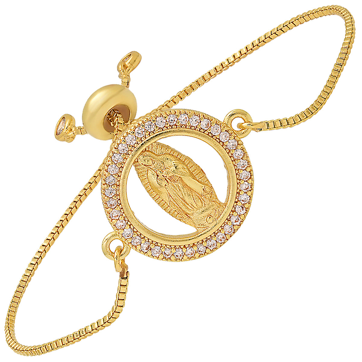 Ladies 18K Gold Plated Brass Simulated Diamonds Our Lady Of Guadalupe Drawstring Bracelet