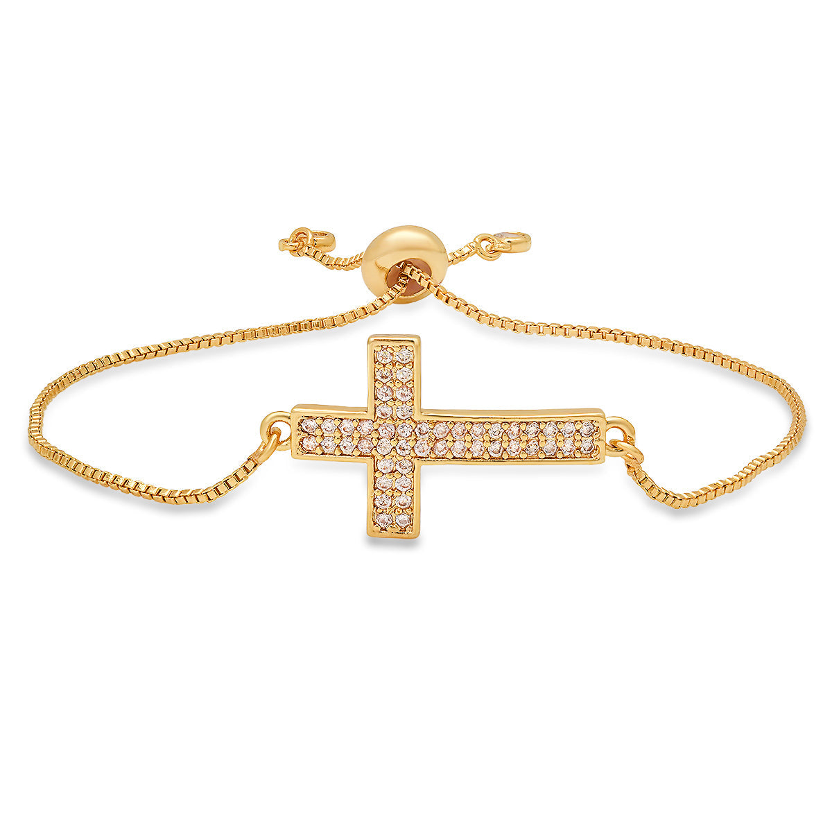 Ladies 18K Gold Plated Brass Simulated Diamonds Cross Drawstring Bracelet