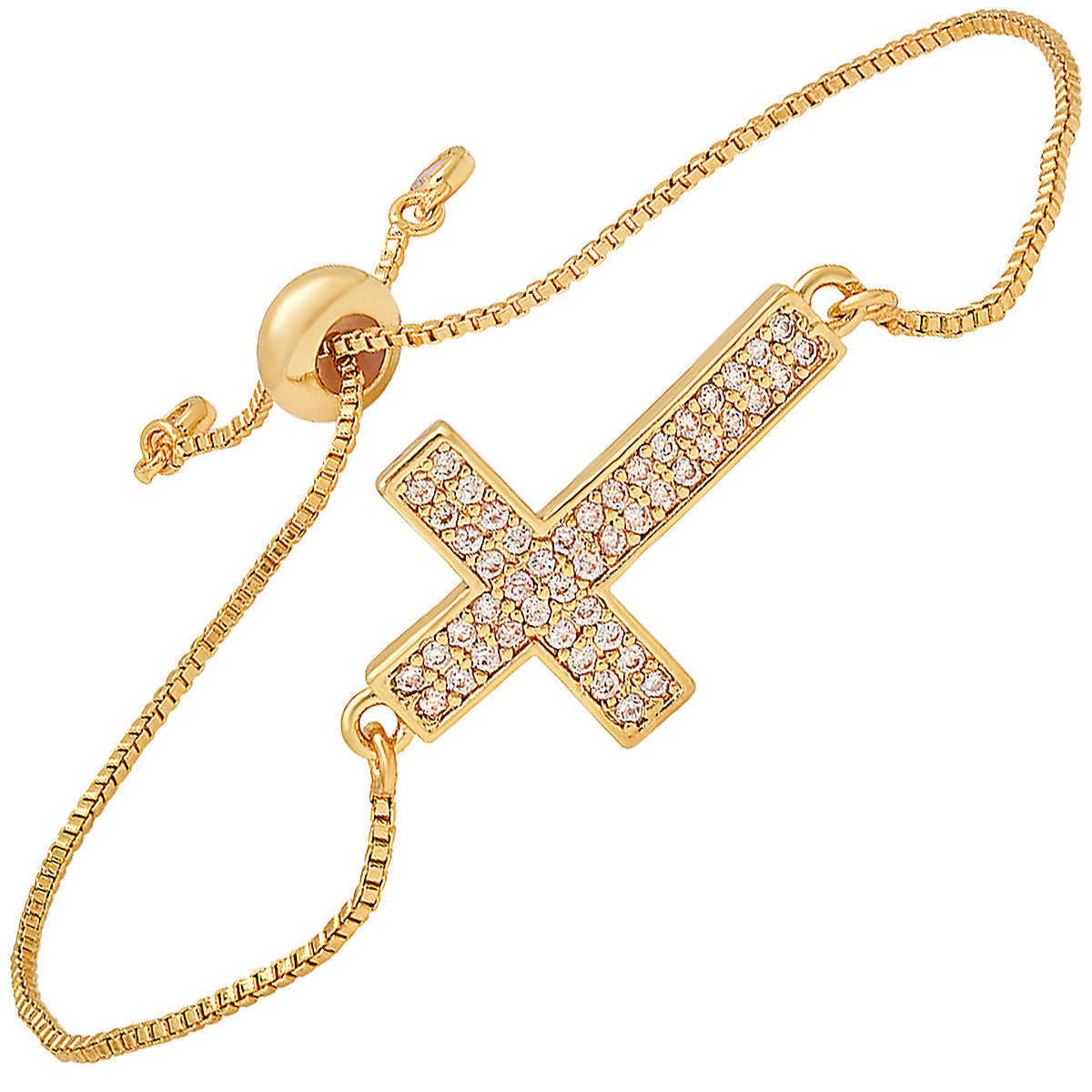 Ladies 18K Gold Plated Brass Simulated Diamonds Cross Drawstring Bracelet