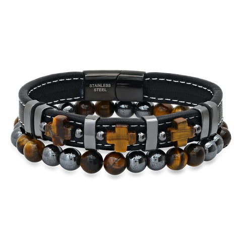 2Pc Set Black Leather, Tiger Eye Crosses And Black Ip Stainless Steel/Hematite & Tiger Eye Beaded Bracelets