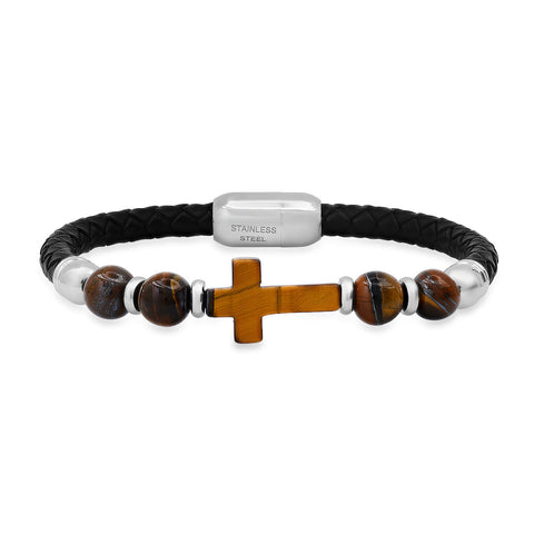 Braided Black Leather, Stainless Steel And Tiger Eye Cross Beads Bracelet