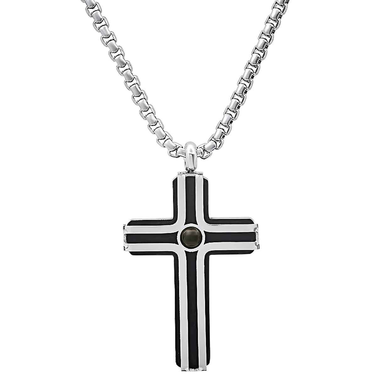 Two Tone Black Ip And Stainless Steel Cross Pendant With Black Bead