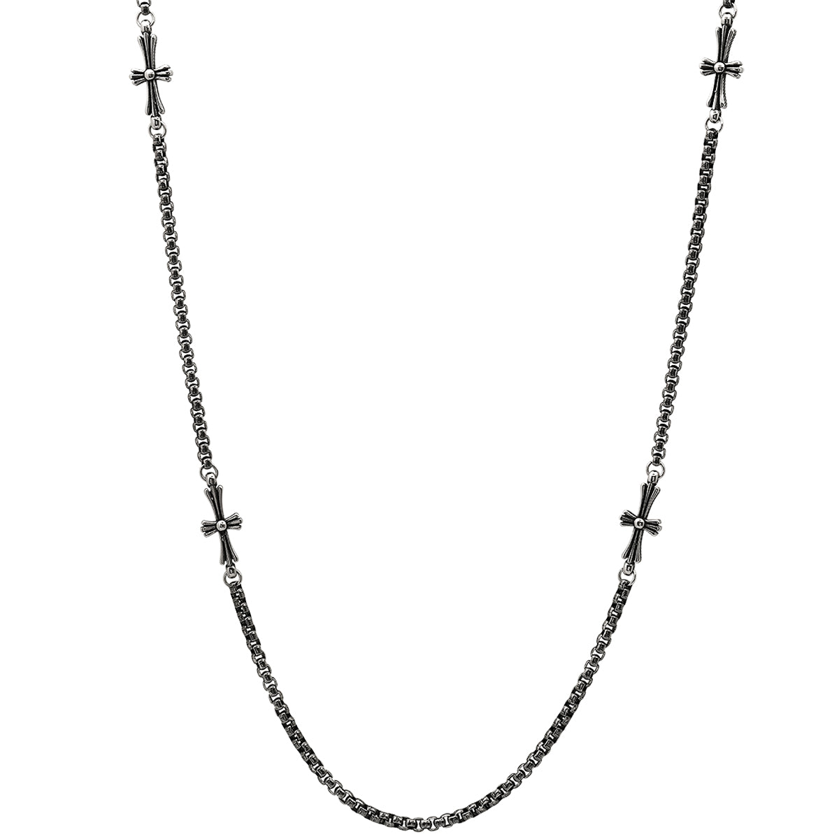 Oxidized Stainless Steel Round Link Chain And Crosses Necklace