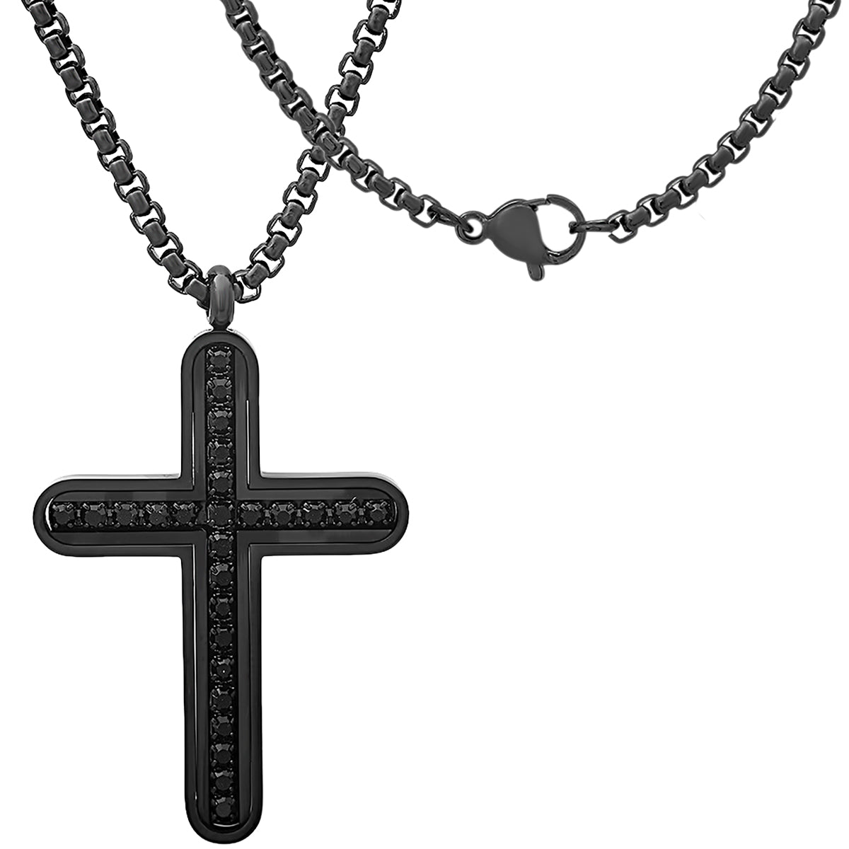 Black Ip Stainless Steel And Simulated Black Diamonds Cross Pendant