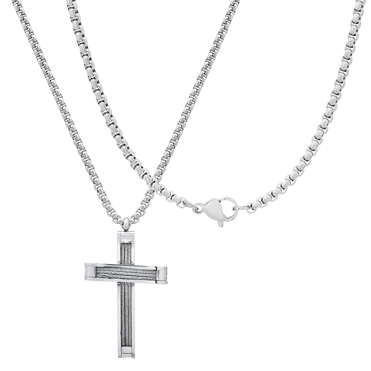 Stainless Steel And Inlay Wire Cable Cross Pendant