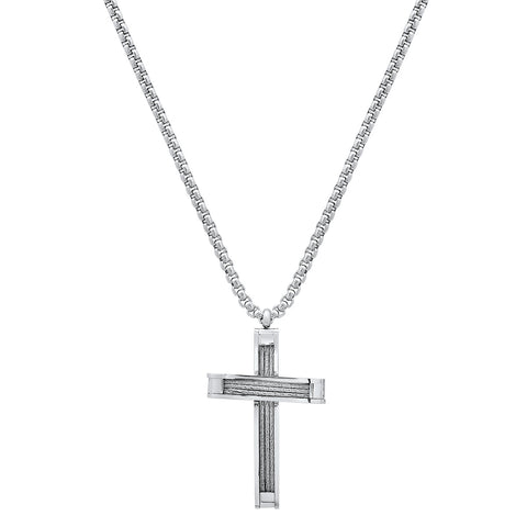 Stainless Steel And Inlay Wire Cable Cross Pendant