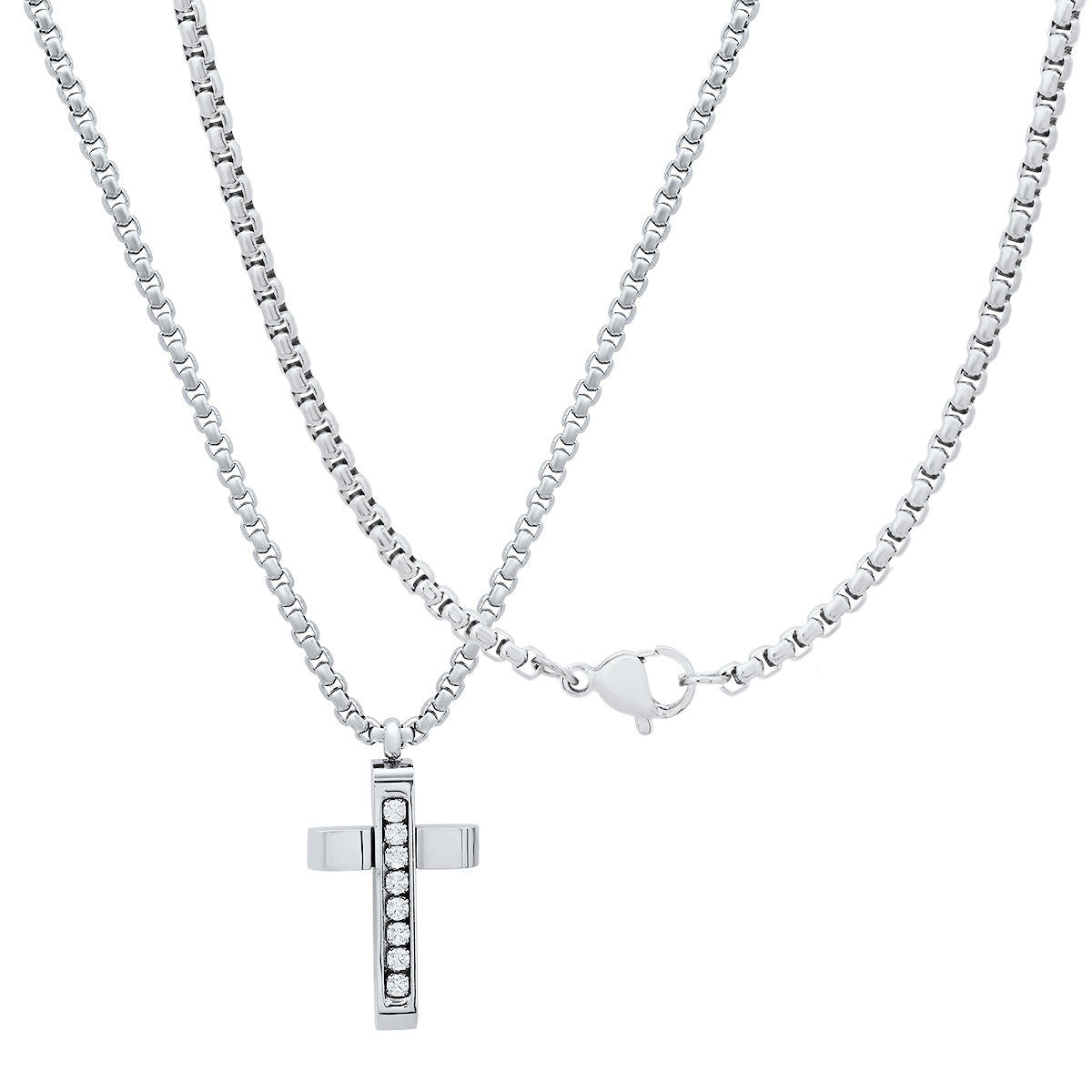 Stainless Steel And Simulated Diamonds Cross Pendant