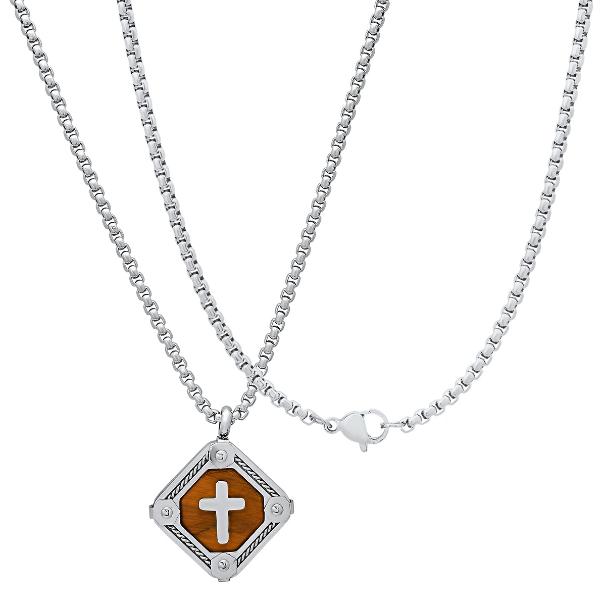 Stainless Steel And Tiger Eye Cross Square Dog Tag Pendant With Rope Chain Accents