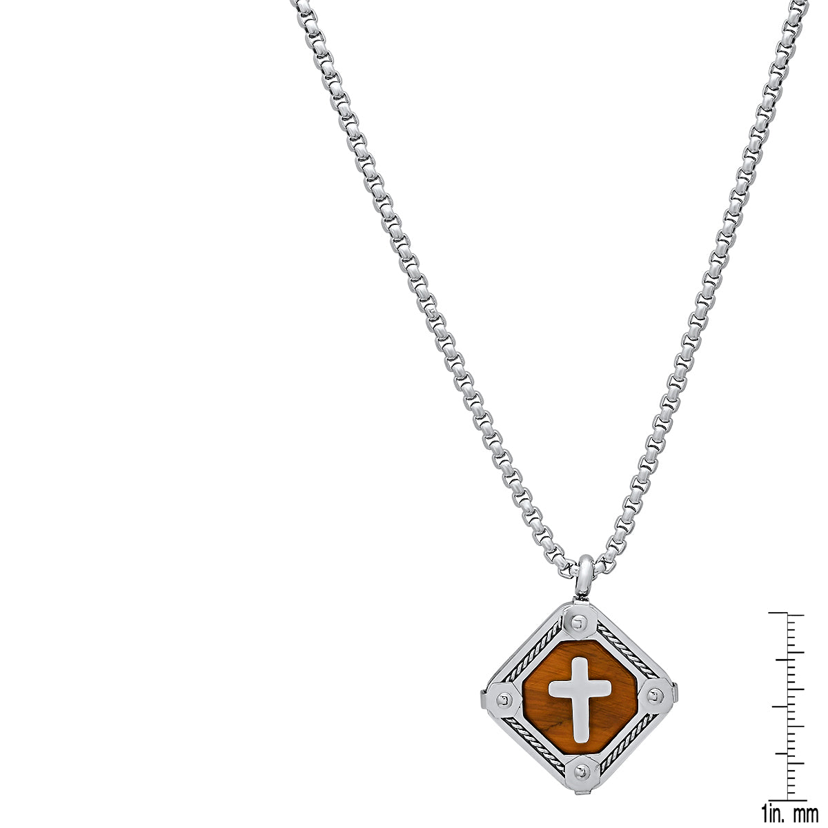 Stainless Steel And Tiger Eye Cross Square Dog Tag Pendant With Rope Chain Accents