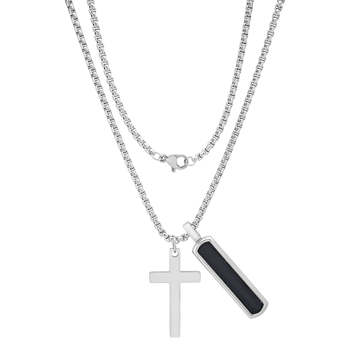 Stainless Steel And Simulated Onyx Dog Tag & Cross Pendant