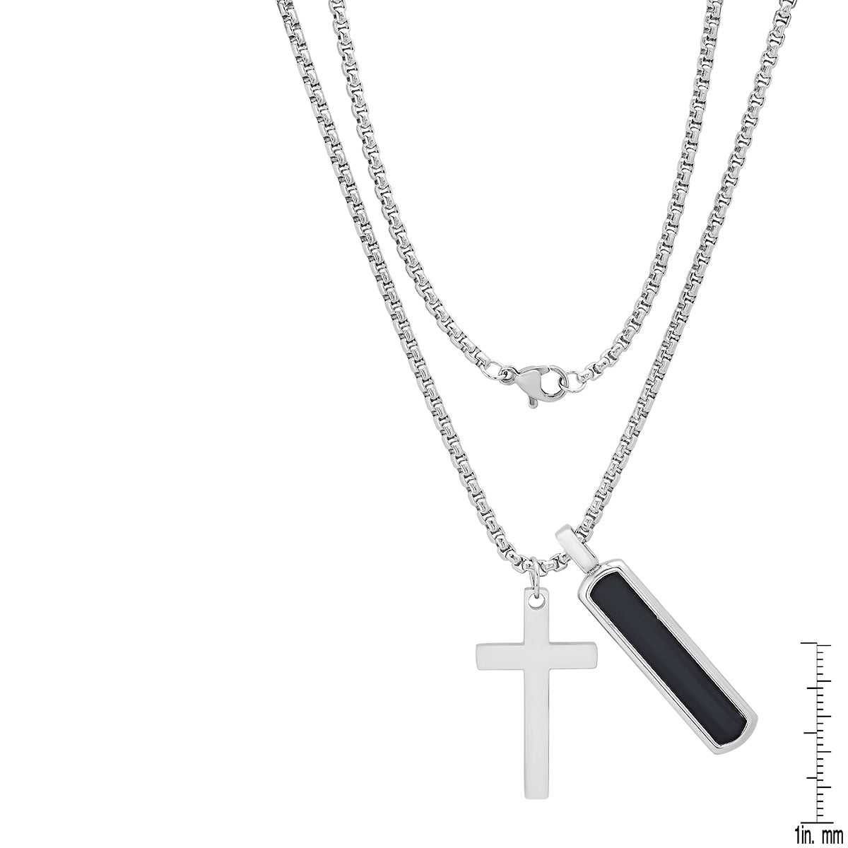 Stainless Steel And Simulated Onyx Dog Tag & Cross Pendant