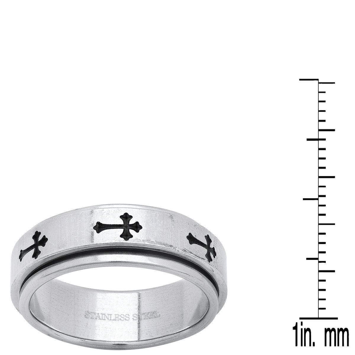 Stainless Steel Spinner Ring With Black Ip Crosses Accents
