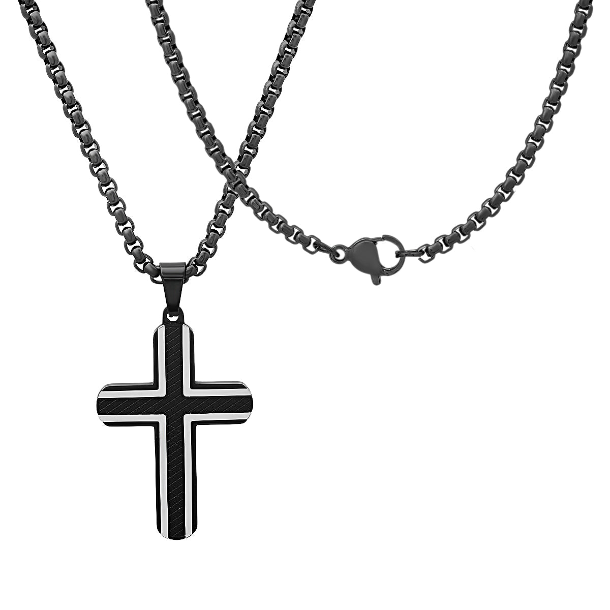 Two Tone Black Ip And Stainless Steel Cross Pendant