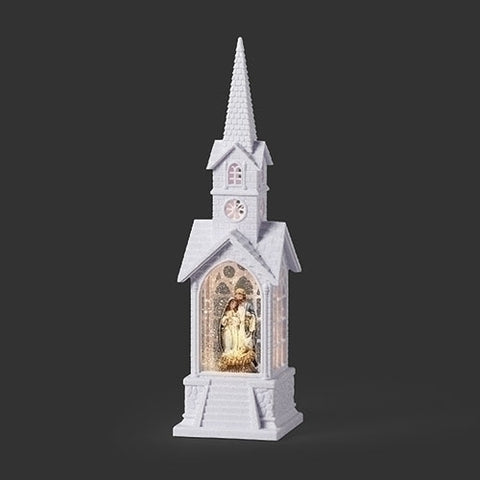 15"H LIGHTED SWIRL HOLY FAMILY WHITE CHURCH