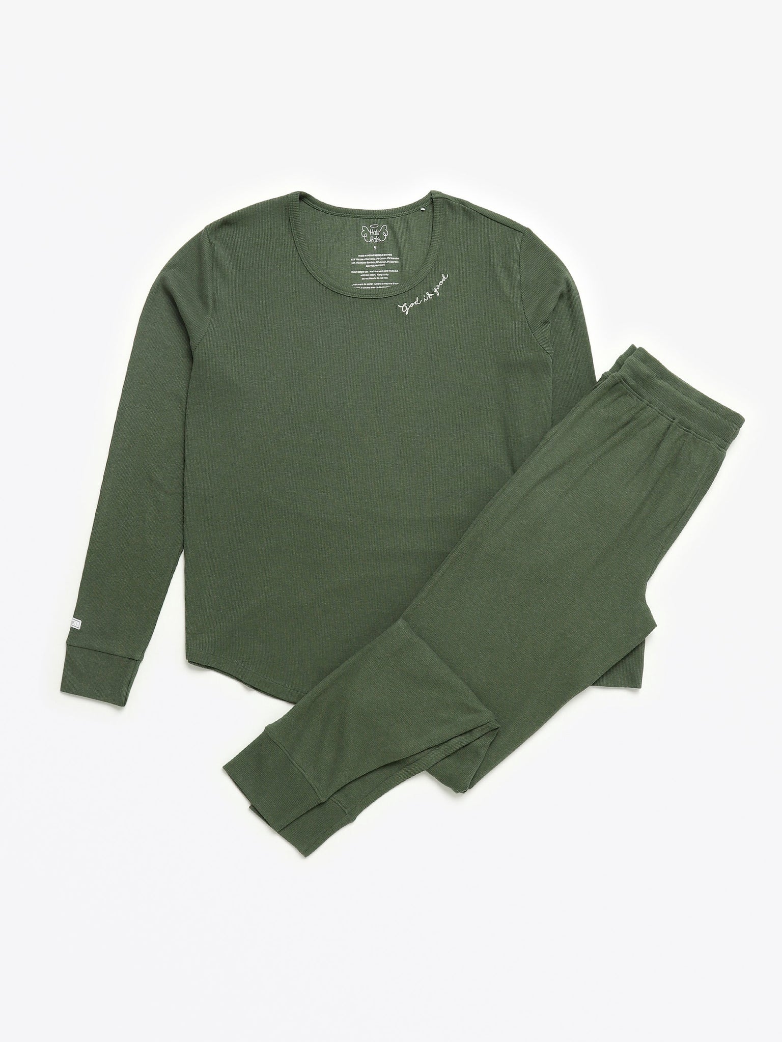 Solid Olive Womens PJ Jogger Set Ribbed Cotton-Bamboo Blend