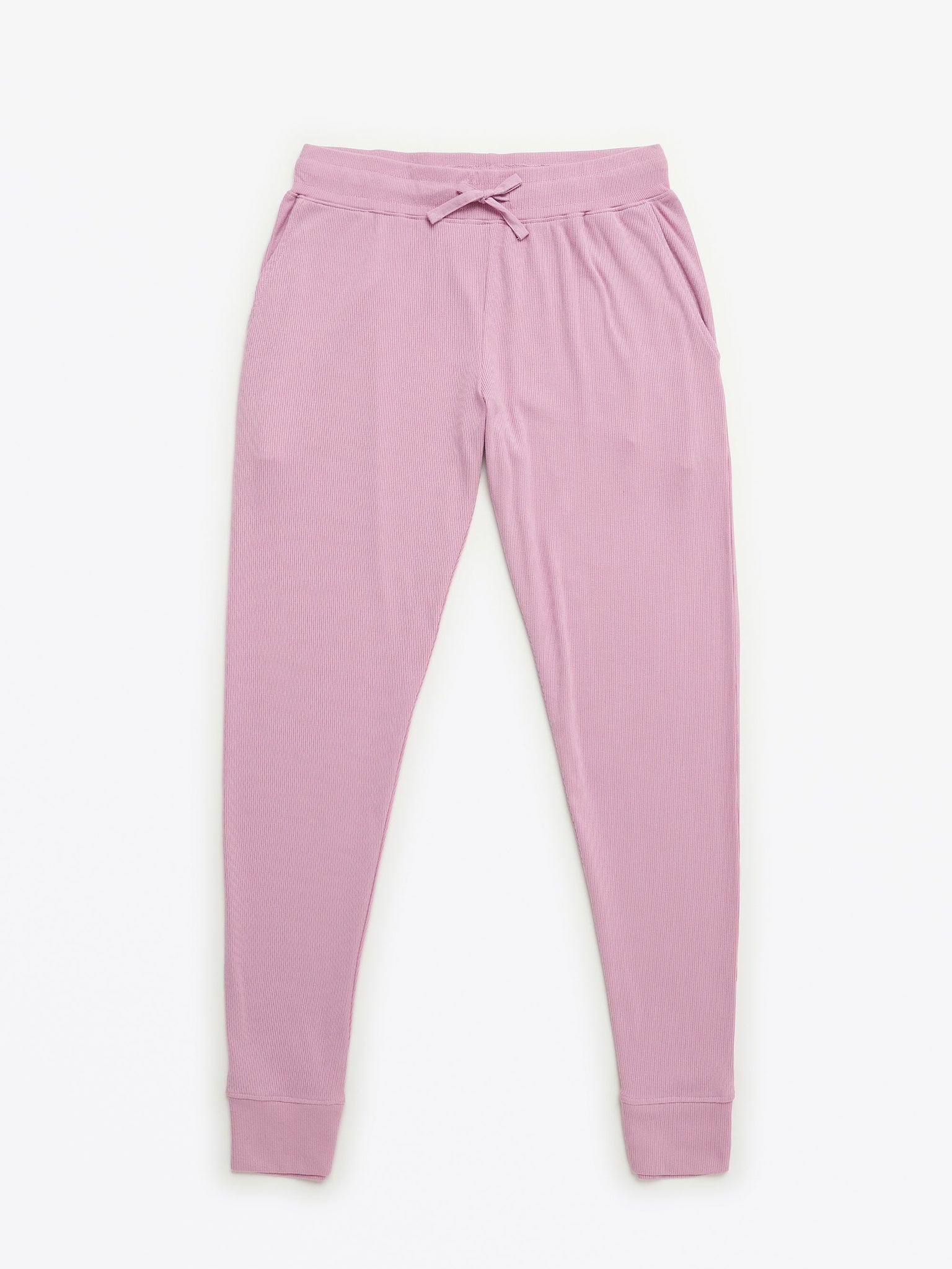 Solid Mauve Womens PJ Jogger Set Ribbed Cotton-Bamboo Blend