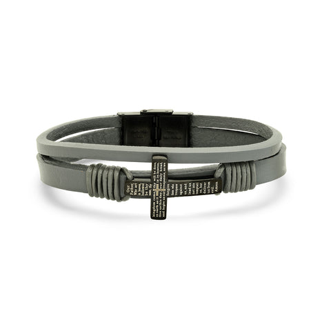 Gray Leather And Black Ip Stainless Steel Cross With Our Father Prayer Bracelet