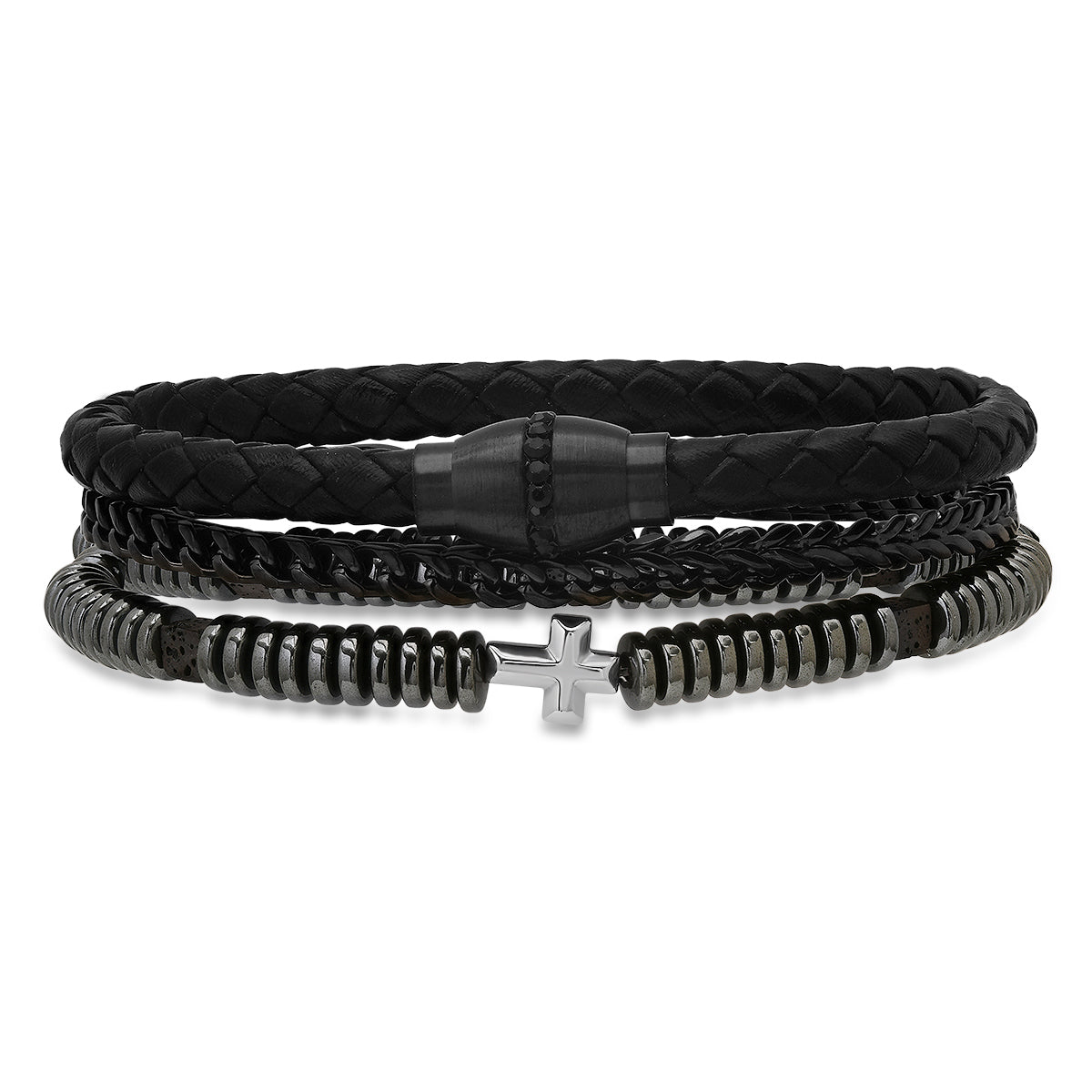 Black Braided Leather, Black Ip Stainless Steel, Simulated Black Diamonds, Hematite And Black Lava Beads 3Pc Bracelets Set