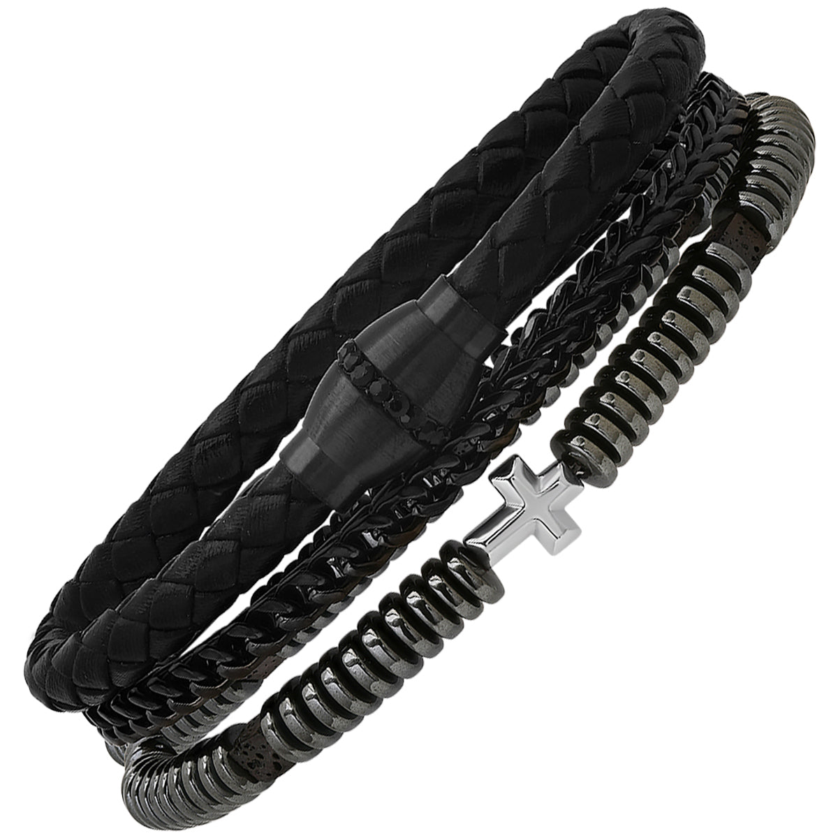 Black Braided Leather, Black Ip Stainless Steel, Simulated Black Diamonds, Hematite And Black Lava Beads 3Pc Bracelets Set