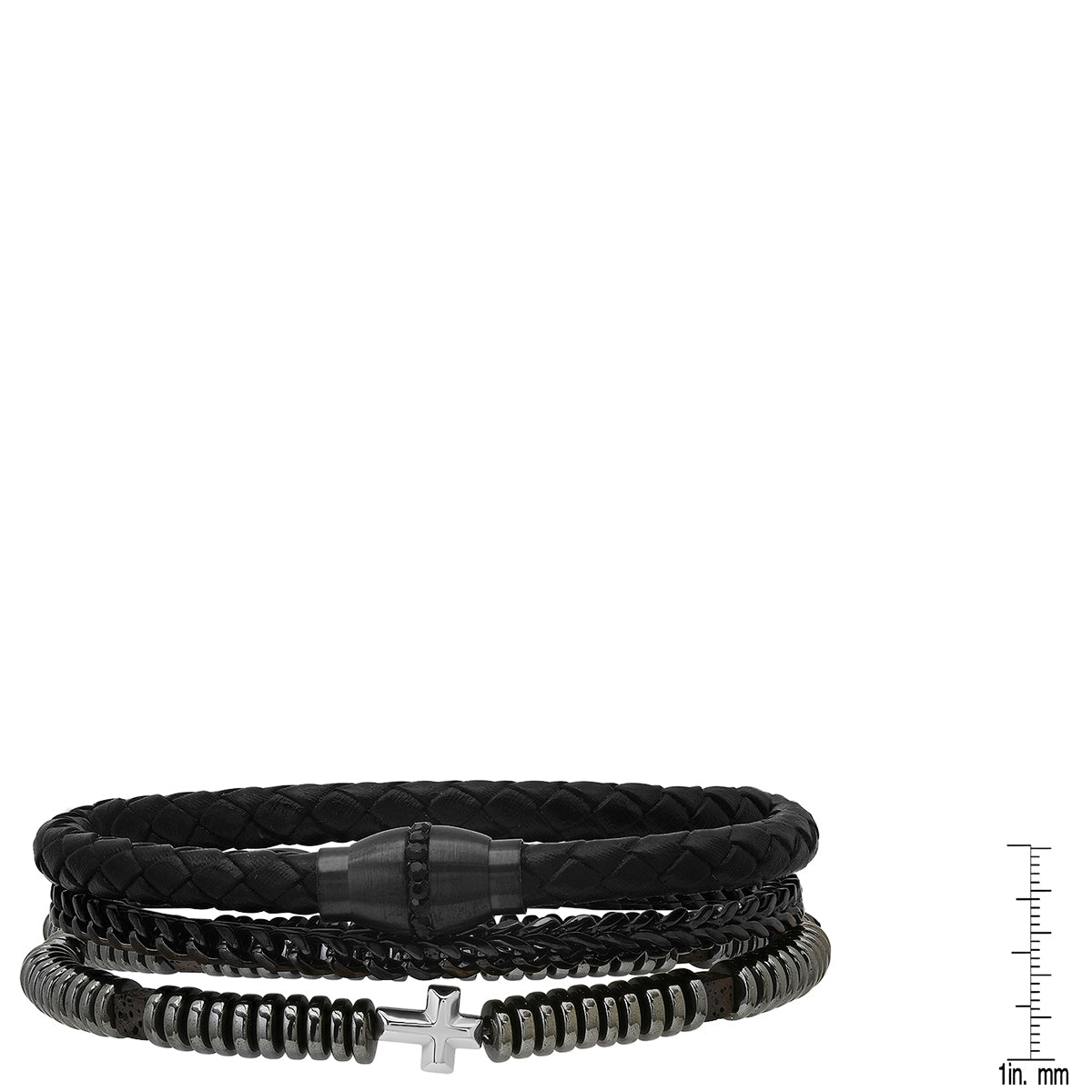 Black Braided Leather, Black Ip Stainless Steel, Simulated Black Diamonds, Hematite And Black Lava Beads 3Pc Bracelets Set