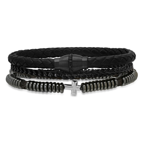Black Braided Leather, Black Ip Stainless Steel, Simulated Black Diamonds, Hematite And Black Lava Beads 3Pc Bracelets Set
