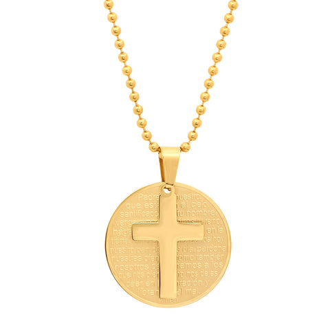 Ladies Round Padre Nuestro Prayer Pendant With Cross