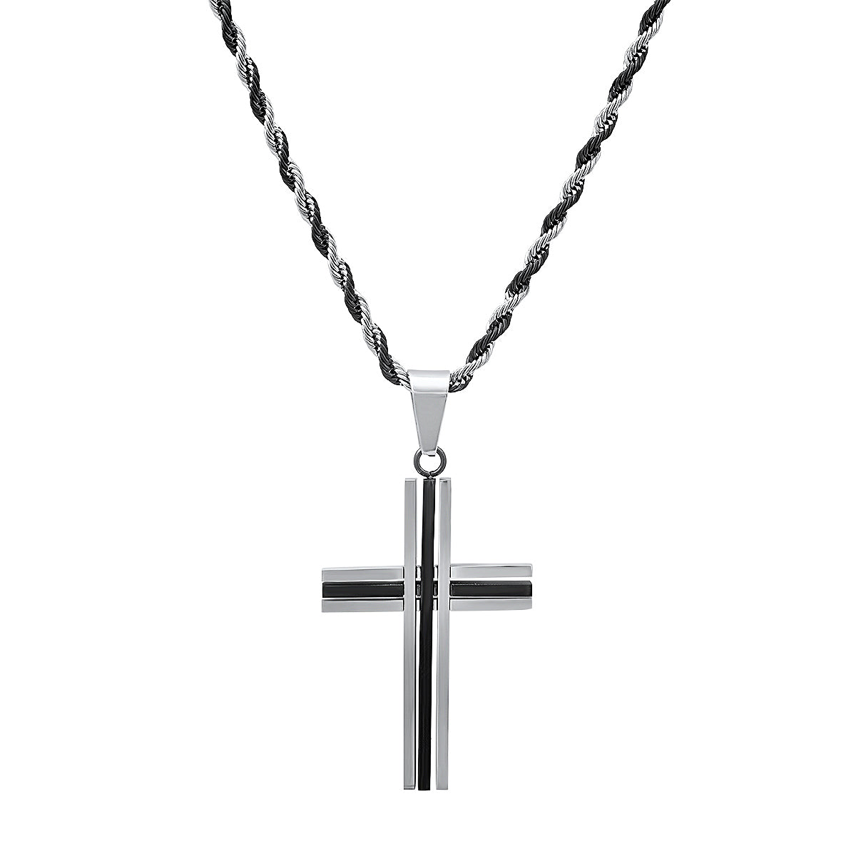 Two Tone Black Ip And Stainless Steel Cross Pendant
