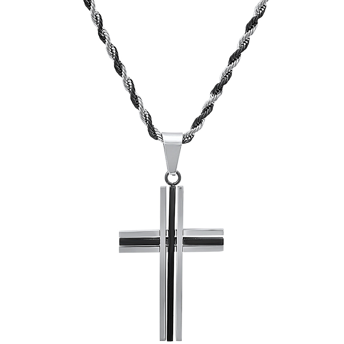Two Tone Black Ip And Stainless Steel Cross Pendant