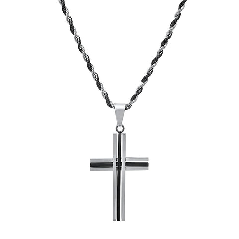 Two Tone Black Ip And Stainless Steel Cross Pendant