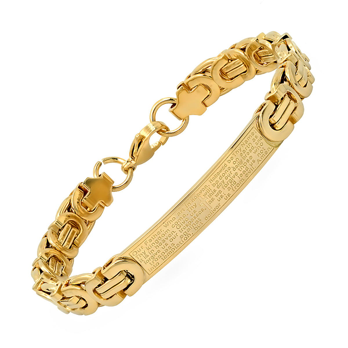 18K Gold Plated Stainless Steel Byzantine Link Our Father English Prayer Id Bracelet
