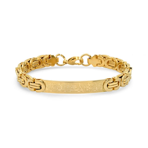 18K Gold Plated Stainless Steel Byzantine Link Our Father English Prayer Id Bracelet